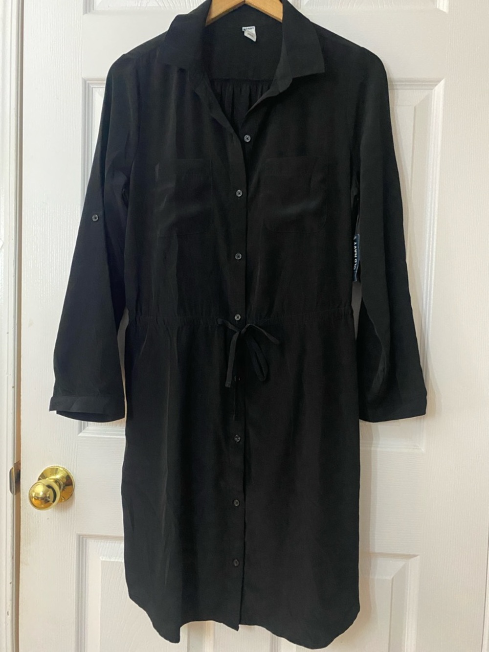 Old Navy Black Long-Sleeve Button-Front Shirt Dress with Drawstring #9